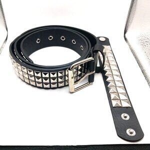 Gothic Studded Vegan  Leather Belt + Double Row  Studded Bracelet Unisex -Black